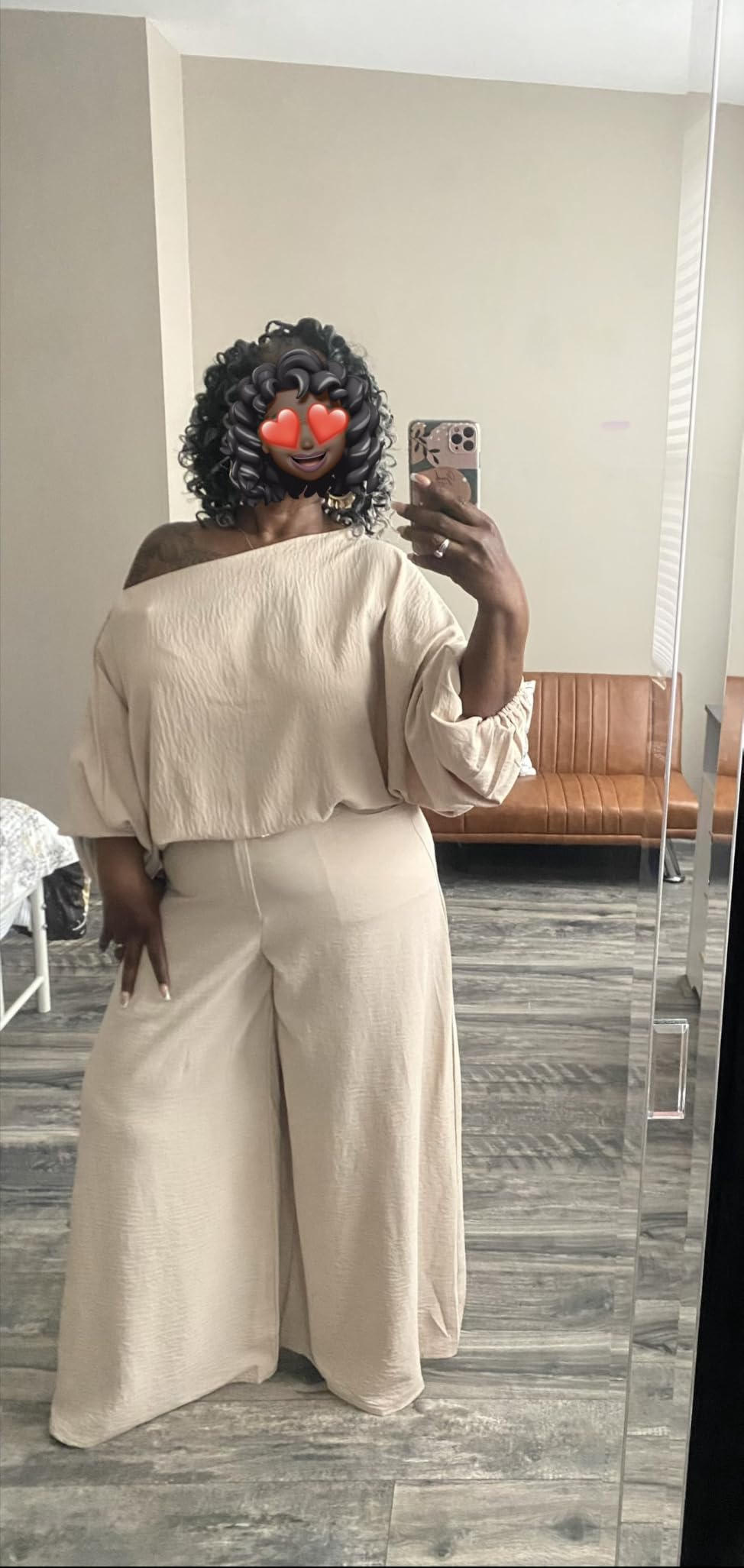 CHICME Women 2 Piece Summer Outfit Off Shoulder Flowy Wide Leg Pants Set customer photo 2