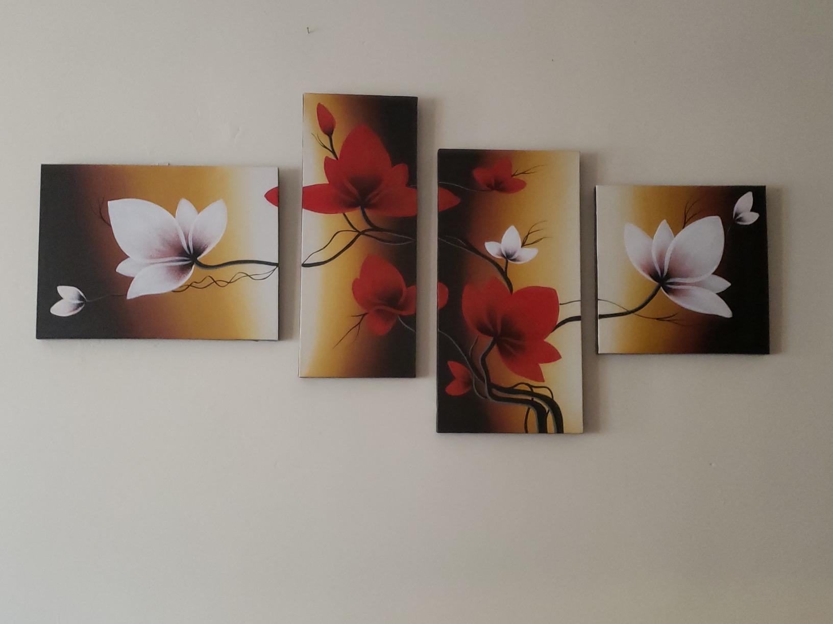 Wieco Art Full Bloom in Spring Red Flowers 100% Hand-painted 4 panels Flower Oil Paintings on Canvas Wall Art for Wall Decor Oil Painting on Canvas customer photo 2